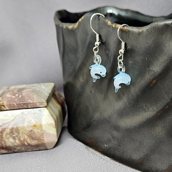 Tiny Blue, Handblown Glass Dolphin Earrings Silver Plate, Coil Ear Wires 1 1/4" - Picture 5 of 7
